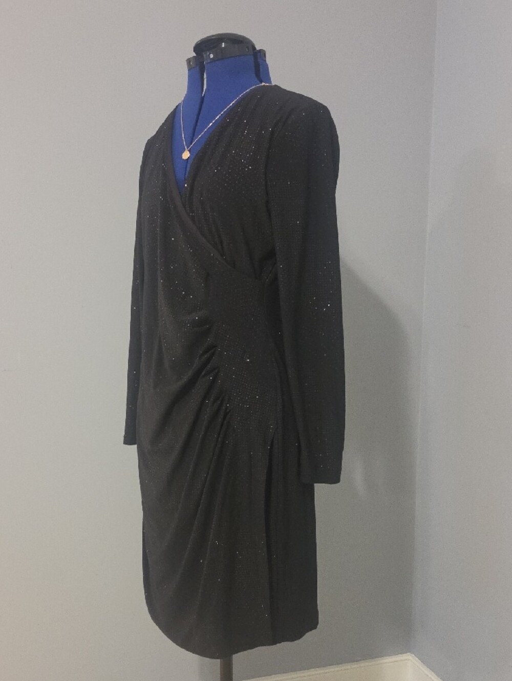 Calvin Klein Black Sparkle Wrap-Style Long Sleeve Dress - Picture 3 of 6